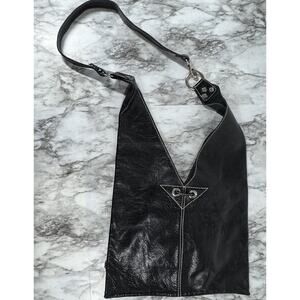 Y2K Cristina Leizzarrague Black Contrast Stitch Leather Sling Crossbody Bag